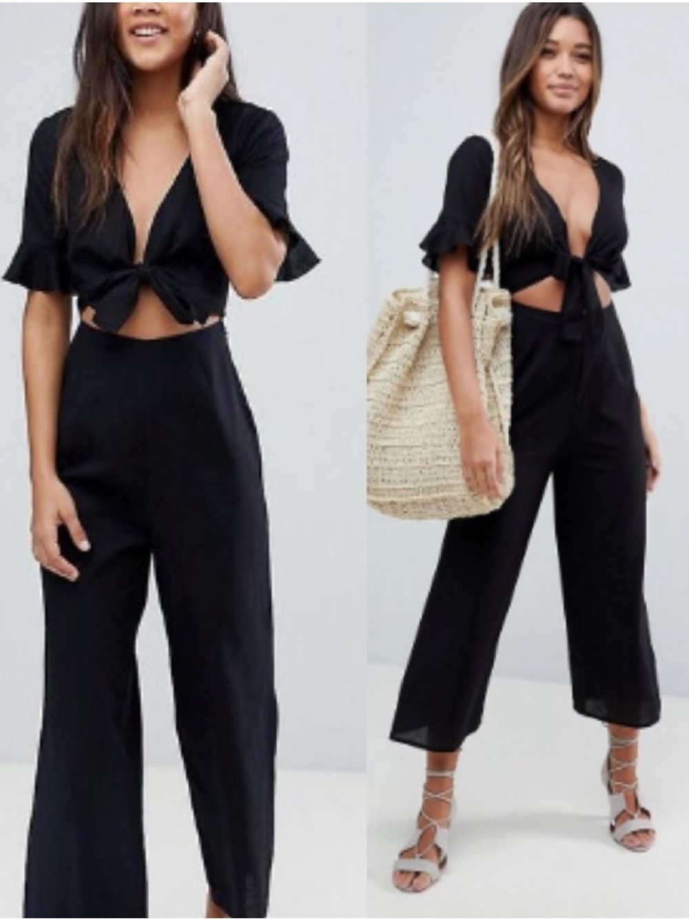 Asos tall cotton linen tea wide leg tie front  summer jumpsuit size 16 black NWT